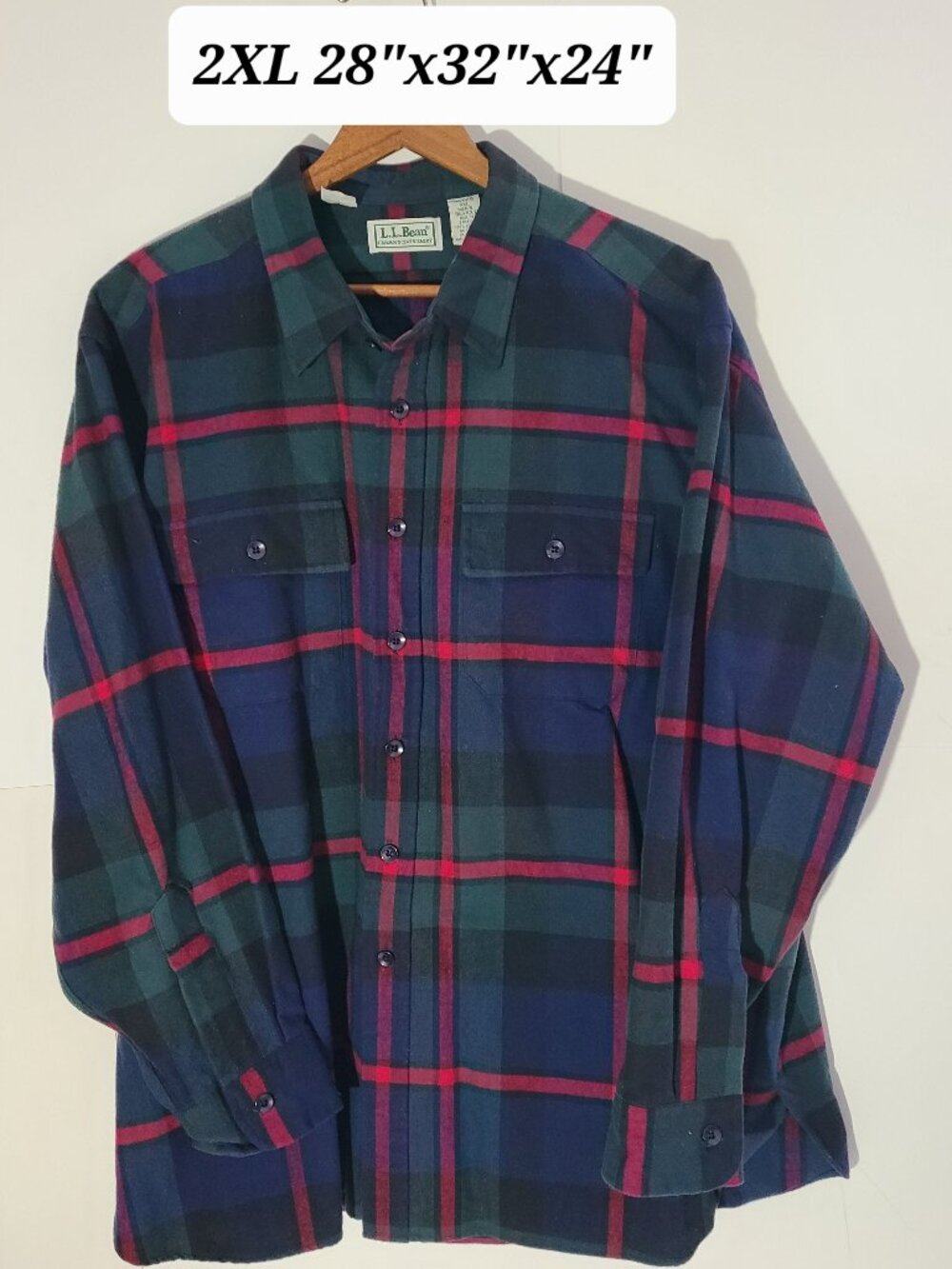 Vintage LL Bean Chamois Cloth Blue/Green/Red Plaid Men's 2XL Button Up Shirt